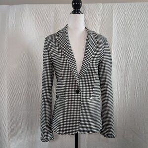 Simon Chang Black & White Gingham Blazer Ruffle Trim Cuff Stretch Size 8